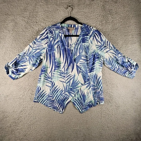 Chicos Cardigan Womens 1/M Hawaiian 100% Linen Tropical Floral Paradise Cardigan - Picture 1 of 13